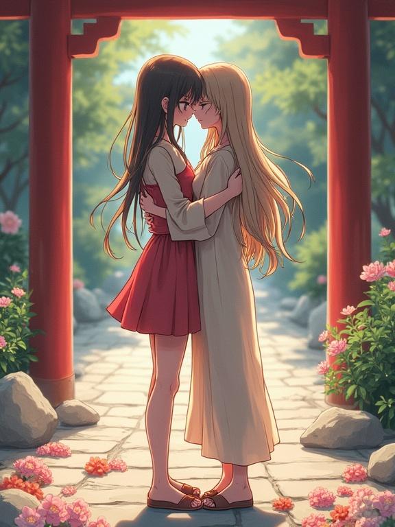 Artwork depicts two young girls hugging in a shrine. They have long hair and flowers in their hair. The setting is filled with nature and creates a romantic atmosphere.