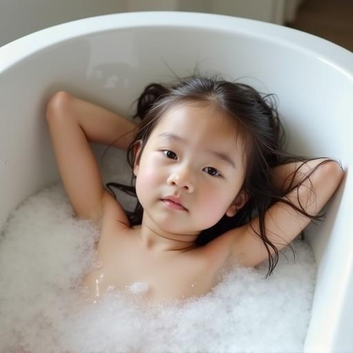 A young girl is lying back in a bubble-filled bathtub. The scene shows a calm atmosphere with soft lighting. The bathtub is white and designed minimally. Water bubbles surround her. Long hair flows to the side.