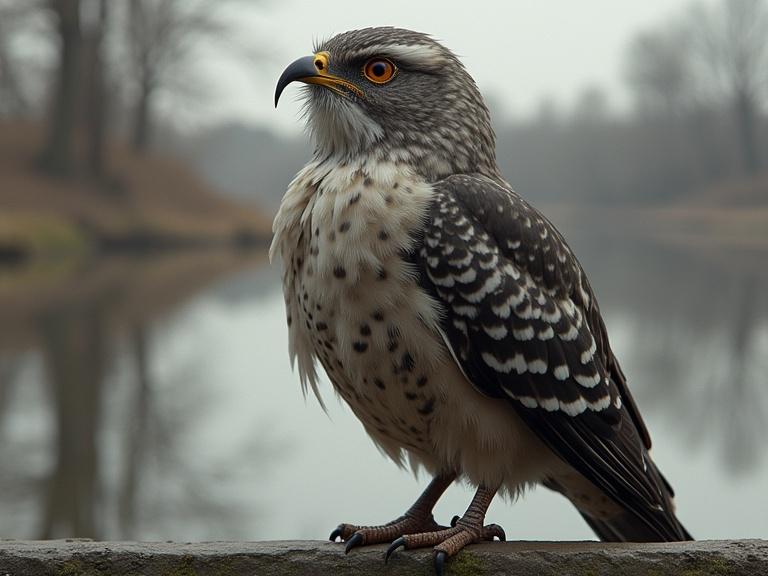 A hawk stands majestically on the shore of a lake. Soft colors and a hazy atmosphere surround the scene. The bird has distinctive markings and is looking intently to the side. The background is blurred, capturing the tranquil nature of its environment.