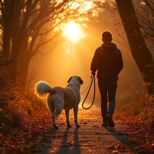 A person walks a dog along a path during golden hour, Soft sunlight filters through trees, Autumn scenery with fallen leaves, Warm and inviting atmosphere.