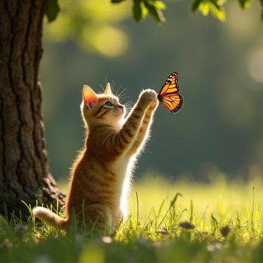 A cat jumping to catch a butterfly. Background includes grass, a pond, and a field zen tree.