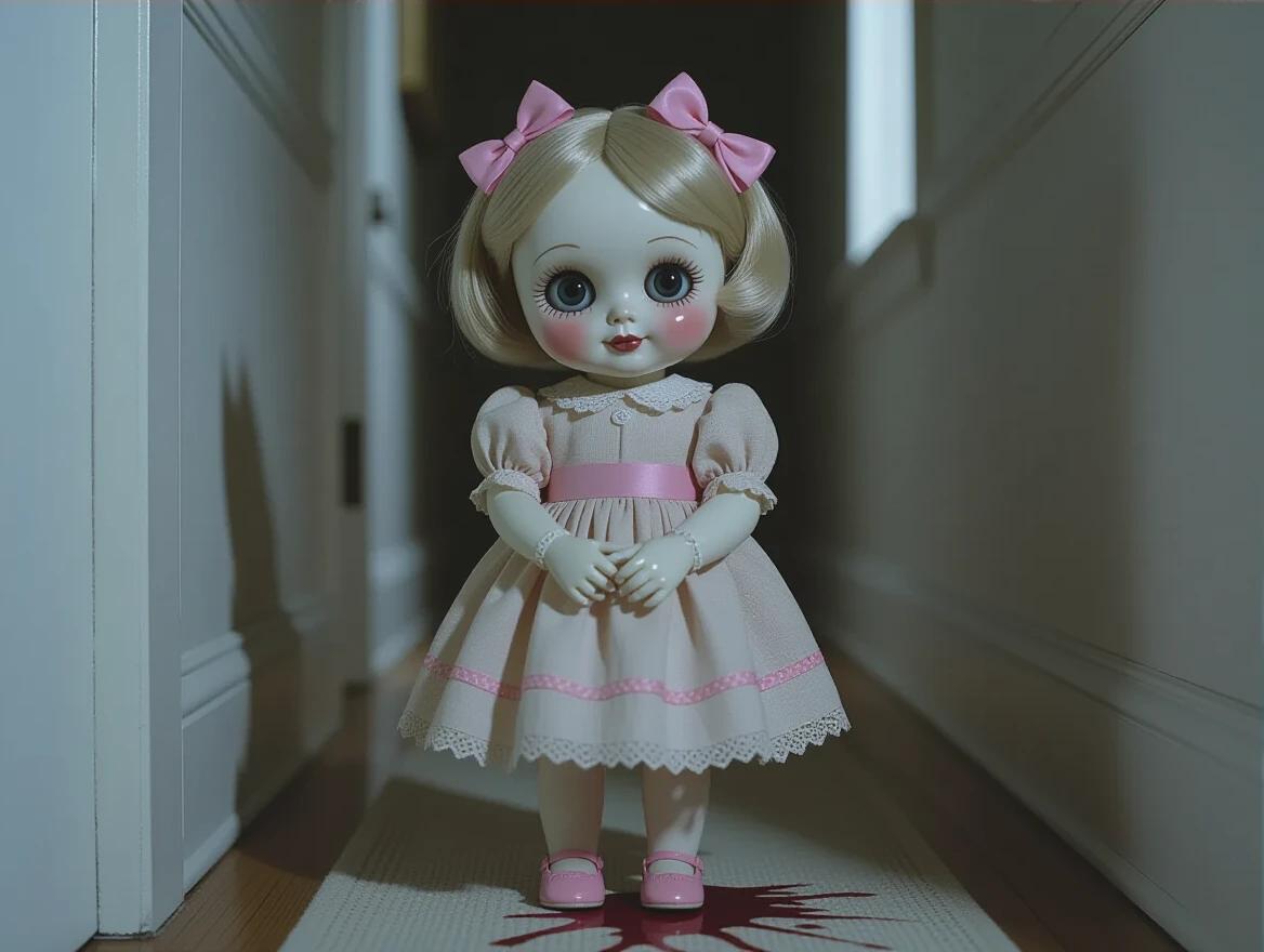 Porcelain doll creature with button eyes and soft fabric dress featuring pink bows. The doll stands in a moonlit hallway with a faint blood trail behind it. Arms are folded politely, shadows hide clawed fingers. Cracked porcelain details add to the unsettling yet cute appearance. Lighting is cinematic with a soft focus creating a dreamlike atmosphere. Pastel tones are present but have an eerie undertone.