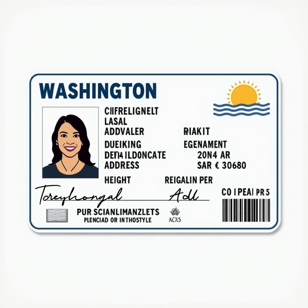 Generate a driver license for Washington. Include details like license number, date of birth, address, height, weight, and identification features.