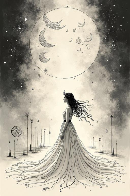 A solitary figure stands in a dreamlike stage. A crown of crescent moons. Moonlight and stars surround a flowing dress. Elements like harps and hourglasses are visible. Soft backlighting illuminates the scene. Ethereal, blending myth and surrealism with minimalism.
