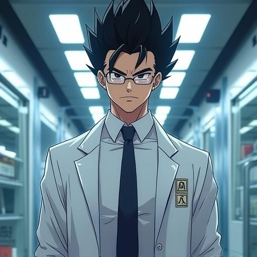 Anime character depicted as lead scientist in futuristic Kamakiri Industries lab. Handsome man with spiky black hair, dressed in a lab coat and tie. Serious expression, glasses, showing muscular build. Background features advanced laboratory equipment.