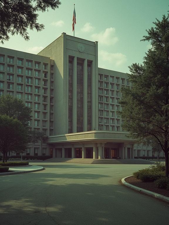 Stylized representation of a government building. Architecture showcases 1950s and 1960s design. Emphasis on realistic and highly detailed appearance. Natural light enhances the cinematic quality.