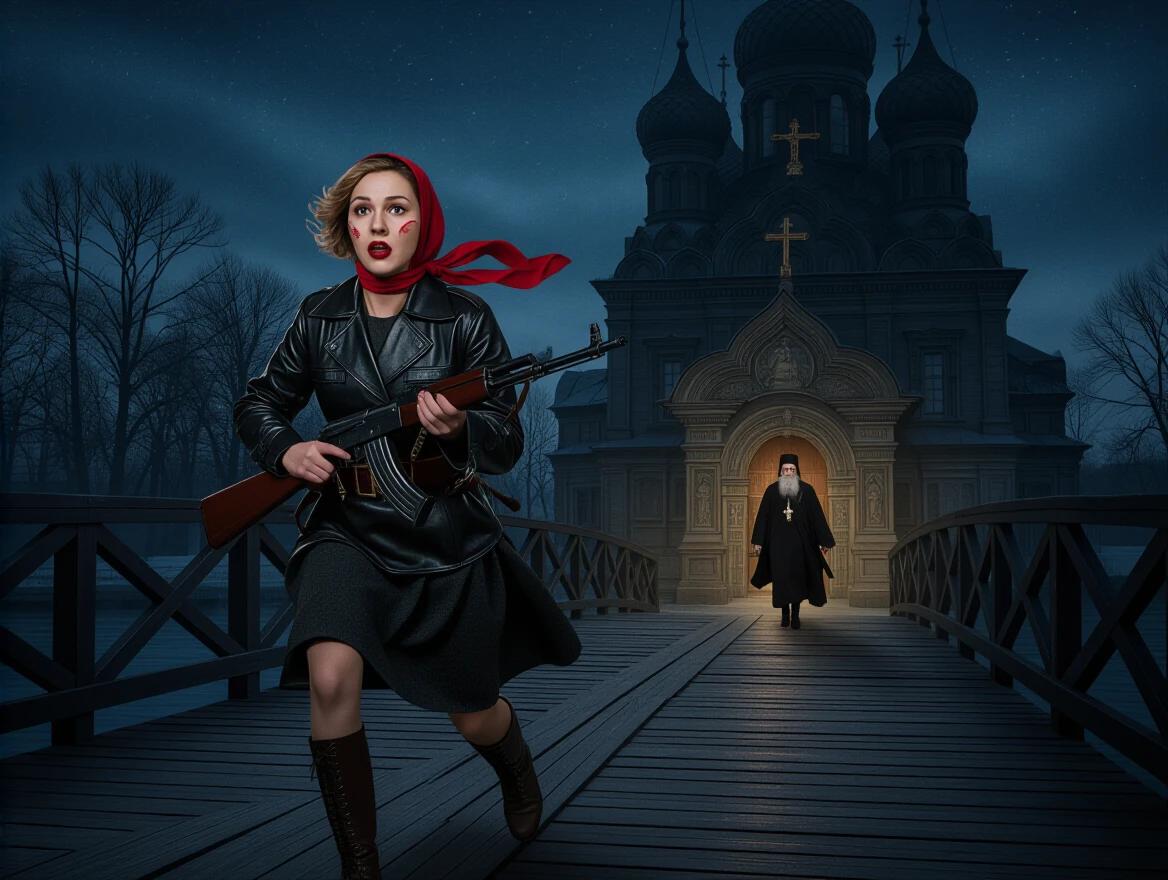 Soviet female Chekist runs in horror on a bridge holding a rifle. She wears a black leather jacket and dark skirt with a red scarf. A dilapidated 19th-century orthodox church is in the background. An ominous priest hovers above her holding a crucifix. The scene is set in a foggy Russian town at night. The image evokes a cinematic and otherworldly atmosphere.