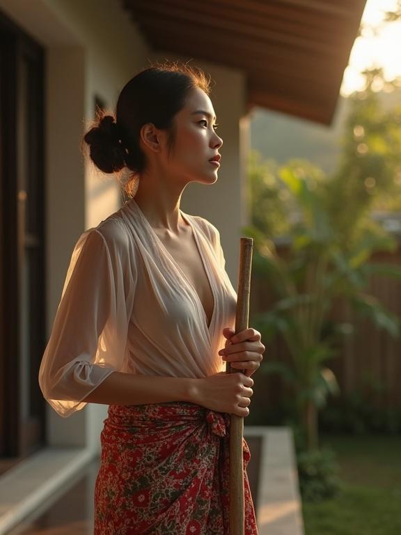 Portrait of a beautiful Indonesian widow on a front porch. She stands alone wearing a sheer tulle kebaya and batik wrap. Holding a broom, she gazes wistfully toward a neighbor's house. Soft golden hour lighting enhances the scene with tropical plants around her.