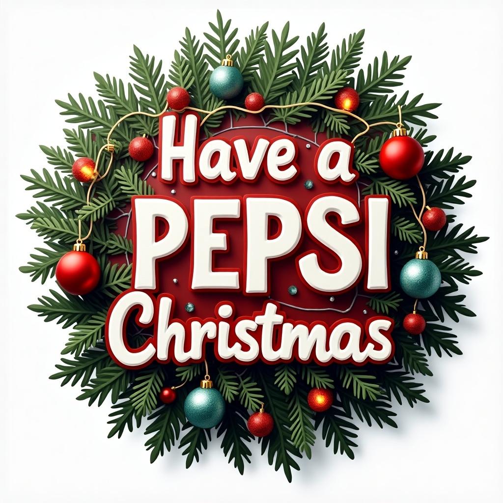 3D decorative text saying Have a Pepsi Christmas with ornaments and Christmas lights on leaves.