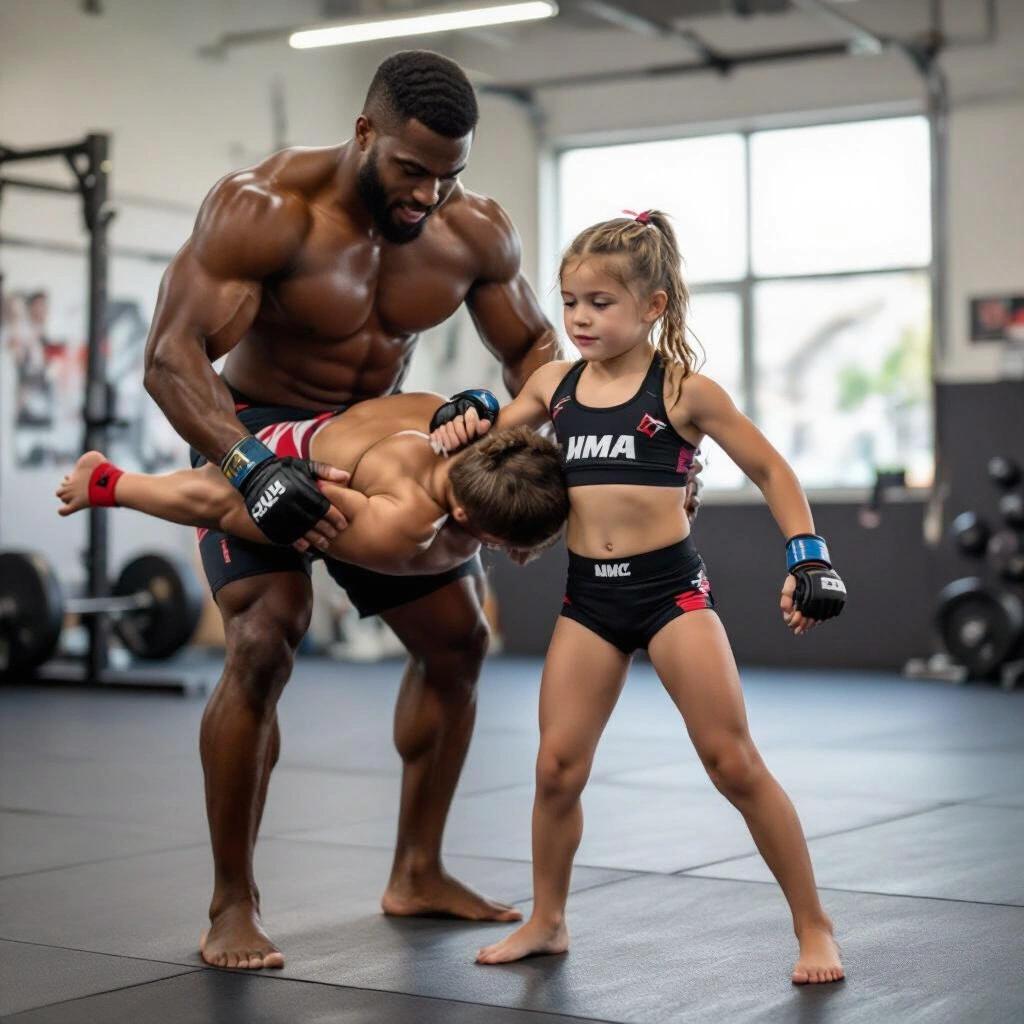 Young girl in MMA attire lifts bodybuilder off the ground in a gym setting