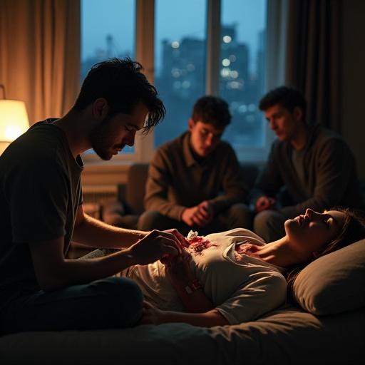 A young adult man stitches the wounds of an injured woman on a couch in a dim room. She shows signs of pain with bandages on her chest. Two young adults sit nearby, watching. Focus is on the man's serious expression as he cleans her wounds. The atmosphere is tense yet intimate, enhanced by warm lighting and a dark city outside.