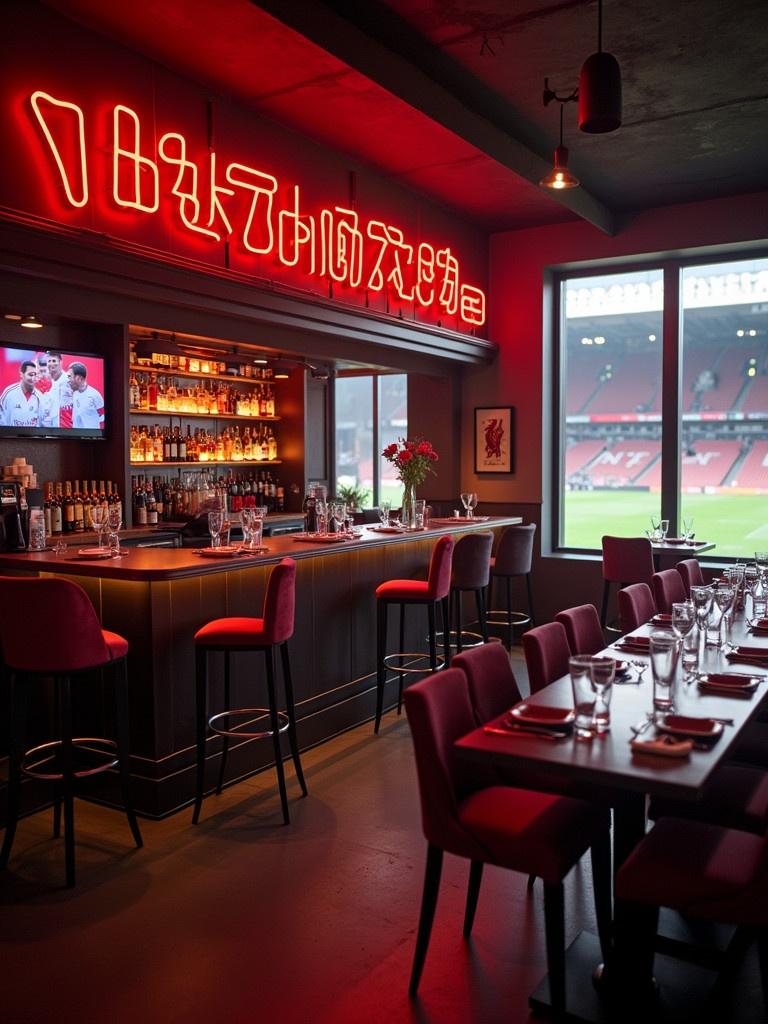 Image of a sports bar designed for watching a Manchester United vs Liverpool game. The setting includes a vibrant bar with neon signs. Seating arrangements feature cozy tables and bar stools. LED screens display the game. The ambiance is lively and inviting for sports fans.