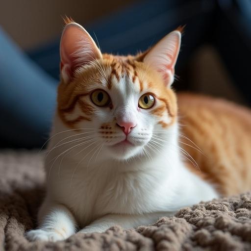 A close-up photograph of an orange and white tabby cat lying on a tan blanket. The cat has striking green eyes and an inquisitive expression.