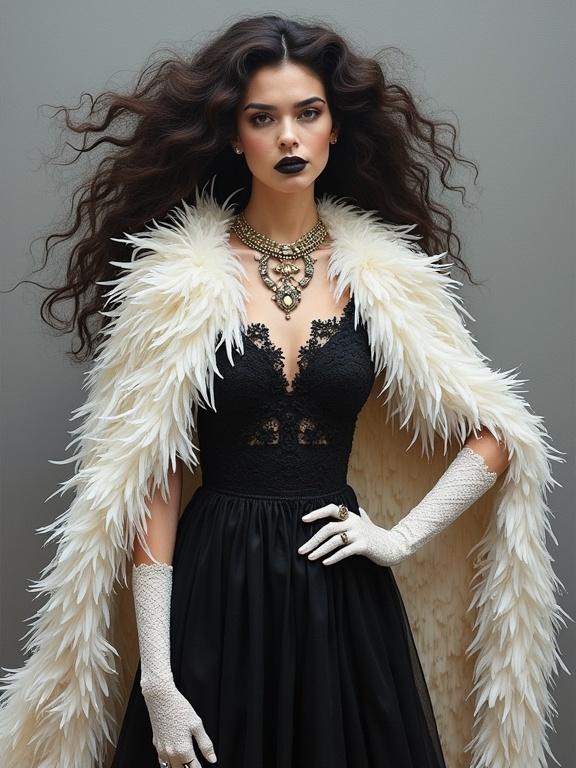 High fashion photo featuring a woman with voluminous frizzy hair. She wears a black lace dress with a sheer skirt under a white feathered cape. Long white lace gloves and bold jewelry complete her look. Dark lipstick contrasts her pale skin. Regal pose with hand on hip and cape lifted against a gray background.
