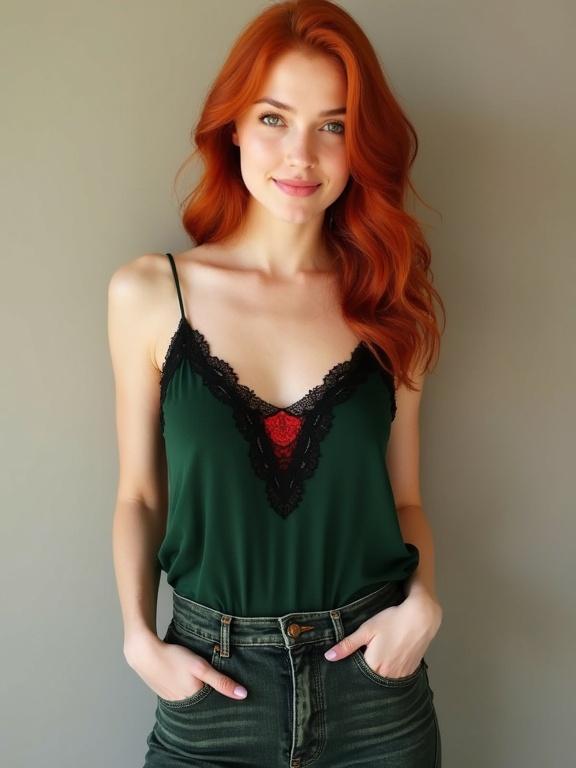 A young woman with vibrant red hair styled in loose waves stands against a neutral background. She wears a dark green spaghetti-strap top with black lace around the neckline and a red detail at the chest. Dark green denim jeans complement her outfit. Her hands are in her pockets, and she looks confidently at the camera.