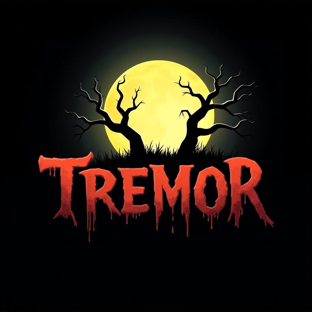 Logo design features the word 'Tremor' styled with a spooky texture. A large full moon shines with an eerie yellow glow. Twisted branches reach towards the moon. Background is deep black for contrast. Design emphasizes a haunting aesthetic.