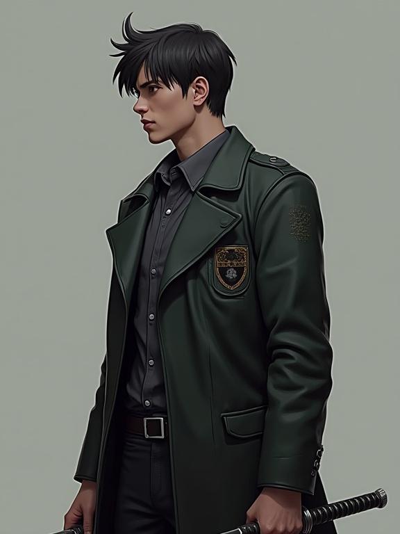 2.5D modeling in comic book style featuring a semi-realistic male character looking to the viewer. The character wears a comfort cloak and holds two short swords. The image is in a dutch angle from the side.