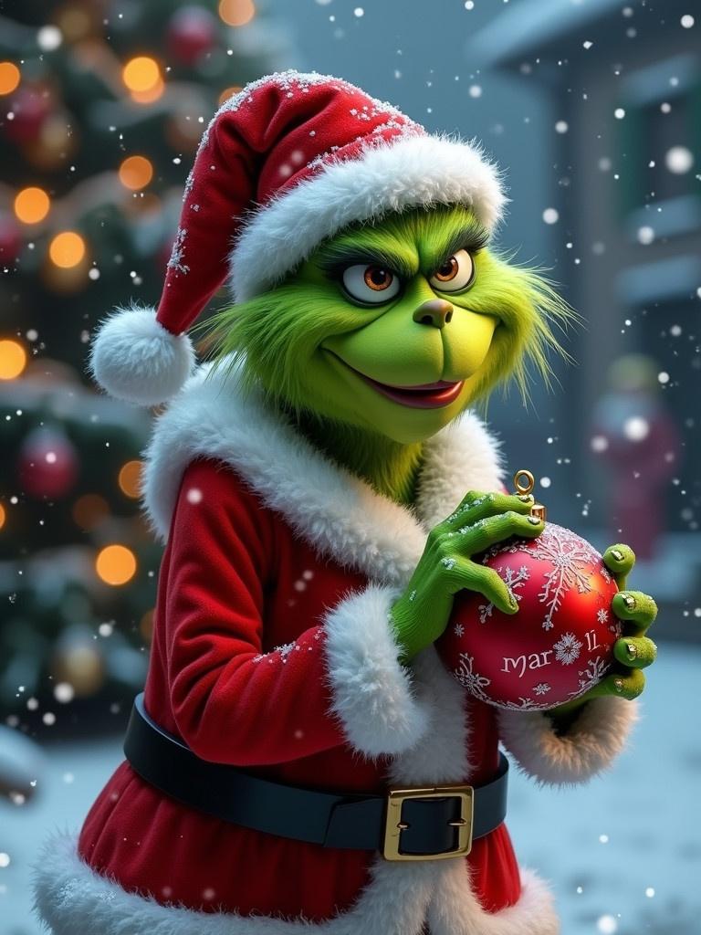 Naughty Grinch character dressed in a Santa suit. Holds a red Christmas bauble. Name Marlon visible. Snow falls in the background with Christmas lights.