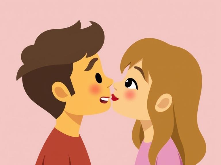 Illustration of a couple about to kiss. Their faces are close together. Soft pink background enhances the romantic feel. Simple cartoon style. Couple depicted with expressive features.