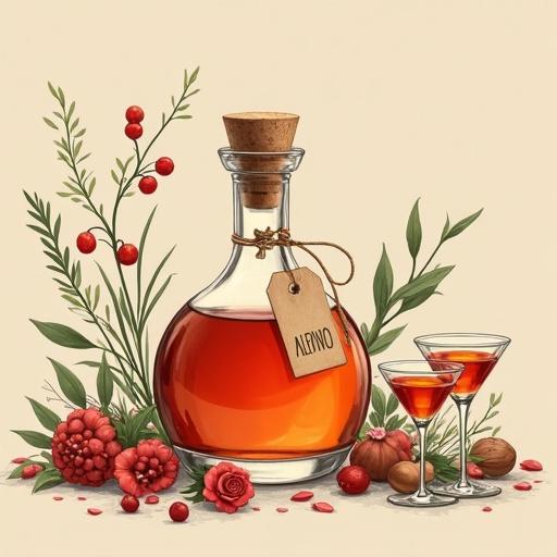 Minimalist artwork depicting an apothecary bottle labeled 'ALFRUNO'. The bottle sits among herbs and berries on a beige background. Two cocktail glasses are beside the bottle. A woman is seen in the distance collecting herbs. The scene evokes a sense of fantasy and nostalgia with natural accents of rose and rosemary.