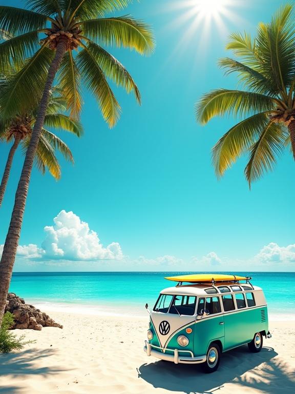 Tropical beach scene under a clear blue sky with bright sun. Tall palm trees cast shadows on soft white sand. Vintage turquoise and white Volkswagen van parked on the beach facing the ocean. Chrome details shine under sunlight. Yellow surfboard on the roof rack. Turquoise waves gently touch the shore. Fluffy white clouds in the background. Scene expresses carefree, summery feelings with vibrant colors and relaxation.