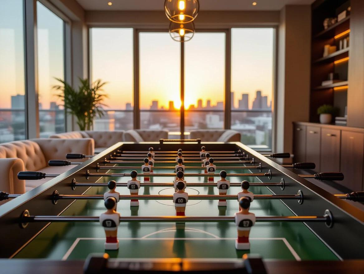 Wide side-angle shot of a modern foosball table. Lighting is dramatic with a warm sunset glow. All player figures clearly visible on the rods. Polished surface reflects elements in the room. Background shows a luxurious game room with cream sofas and wood cabinetry. Large windows offer a view of the city during sunset. The vibe is cozy and elegant.