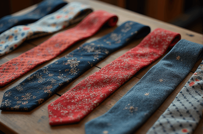 A collection of patterned neckties are artistically arranged on a wooden surface, showcasing diverse colors and intricate designs.