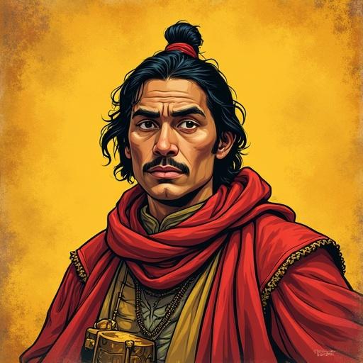 A comic style illustration representing Túpac an indigenous merchant in colonial Peru. Focus on a red poncho and the intensity of the character's expression. The background is minimal with a warm yellow hue.