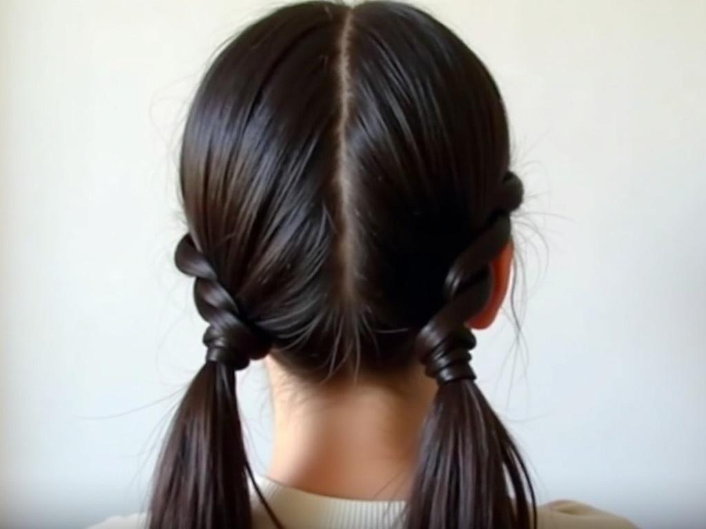 The image shows a person with long, dark hair styled into a ponytail. There are some braids woven into the ponytail, suggesting a creative hairstyle. The background appears somewhat plain, enhancing the focus on the hair. The individual is facing away, allowing us to see the details of the hairstyle and the neck. The lighting creates a soft contrast, highlighting the texture of the hair.