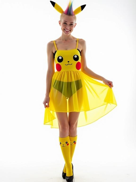 Photograph of a woman in a Pikachu-themed outfit. Transparent yellow dress has Pikachu face with red cheeks. She is smiling. Hair is rainbow colored and styled as a spiked mohawk.