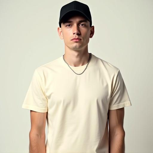 High resolution photorealistic portrait of a White male with short hair. Wearing plain cream short-sleeve t-shirt. Posed full frontal. Showing upper arms and biceps. Clean-shaven face with neutral expression. Looking directly into the camera. Wearing black cap and chain necklace. Urban vibe reminiscent of Eminem. Illuminated with soft even lighting. Simple solid background. Sharp details and realistic skin tones.