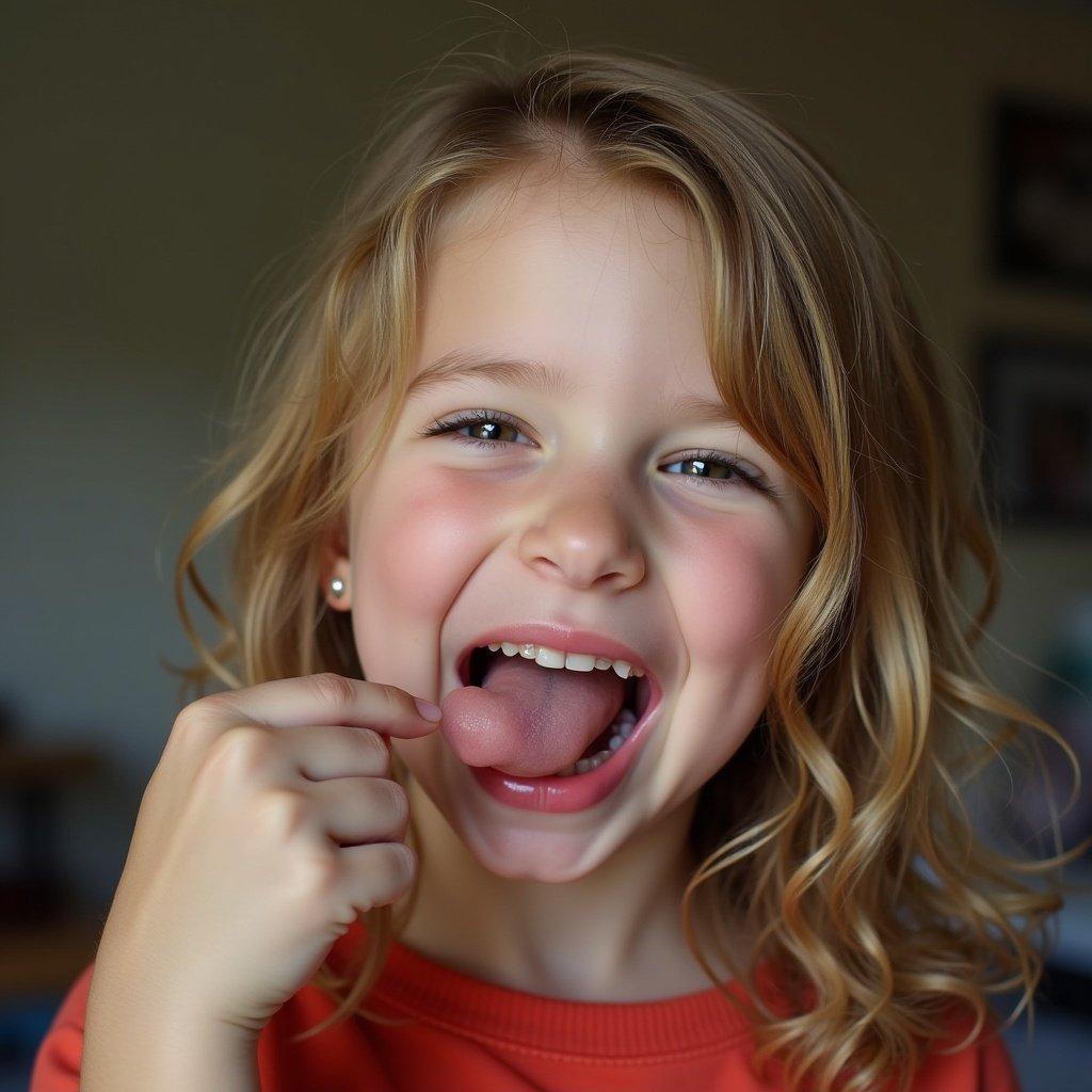 Girl joyfully sticking her tongue out. Close-up shot captures playful expression and gesture. Background lightly blurred with soft lighting.