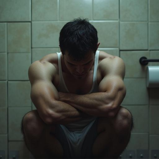 A man sits hunched over in the washroom. Pain is evident on his face. Tears streak down his cheeks.