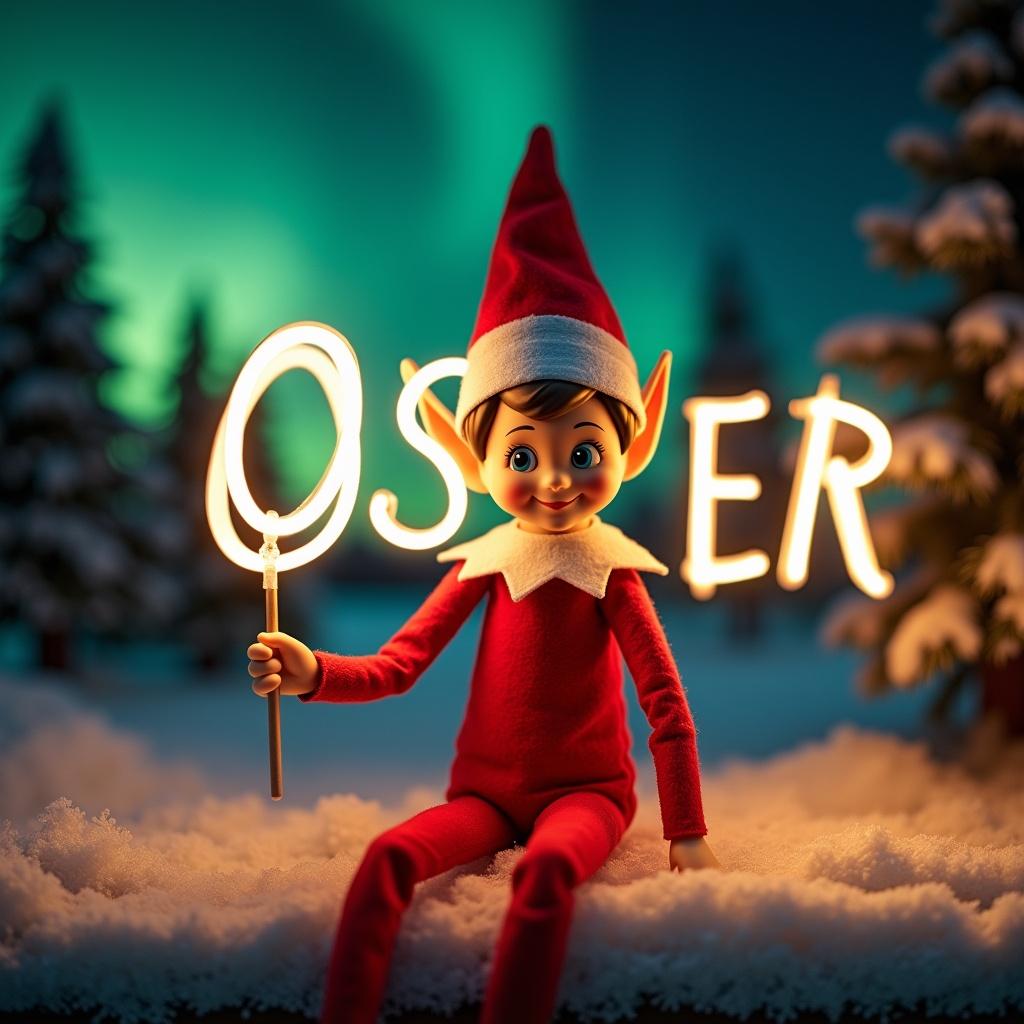 Elf on the shelf character dressed in holiday attire. Elf holding a glow stick that forms the name 'Oscer'. Festive setting showcases northern lights. Scene radiates cheerfulness.