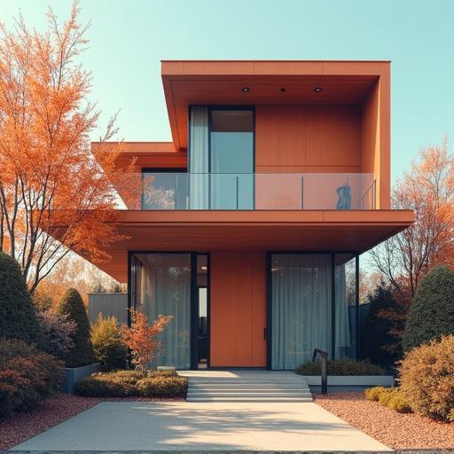 A modern home with an orange facade located in a landscaped garden. The structure has large windows and a balcony, surrounded by autumn trees and neatly arranged bushes.