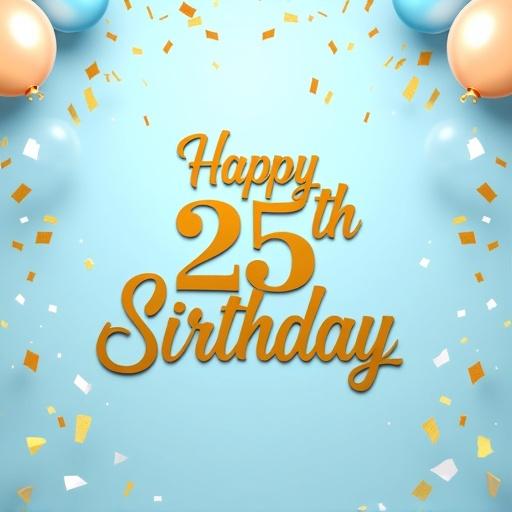 Birthday card design with bold gold calligraphy. Centered text reads 'Happy 25th Birthday'. Light blue background features confetti and balloons. Clean modern style with a festive feel.