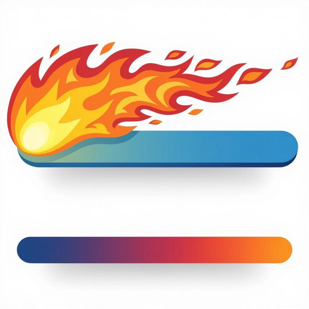 A clean flat vector 2D image of a horizontal bar with a gradient from blue to red. The right end has a vivid burning effect with stylized flames. The design uses flat colors and clean lines. The background is plain to highlight the gradient and flames.