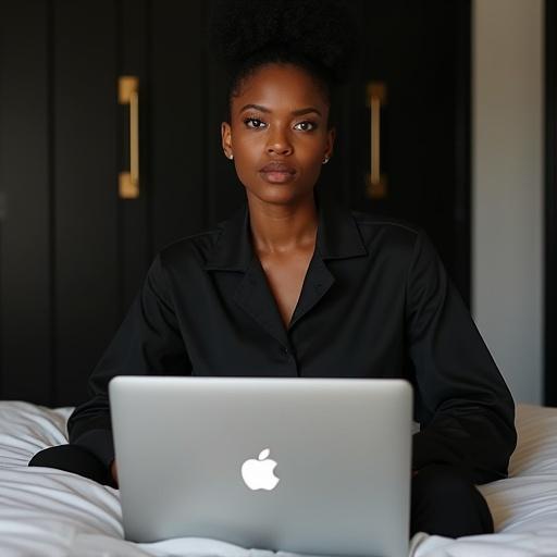 Brown skin woman sits on a bed with an Apple laptop. She wears stylish clothes reminiscent of the 1990s. Modern black closet doors fill the background. Natural morning light creates a warm atmosphere. The scene looks trendy and inviting.