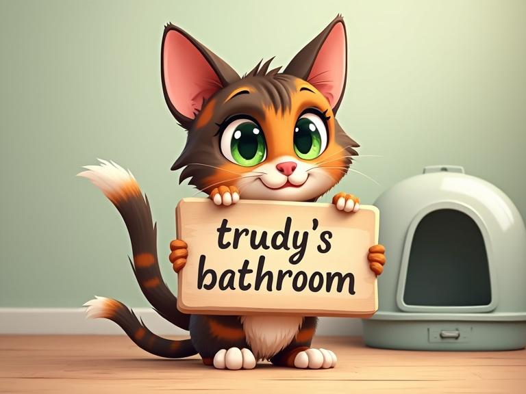 Cartoon style image of a tortoiseshell cat. The cat has green eyes. The cat has a white tipped tail and paws. The cat holds a decorative sign. The sign says, 'trudy's bathroom'. A litterbox is in the background.