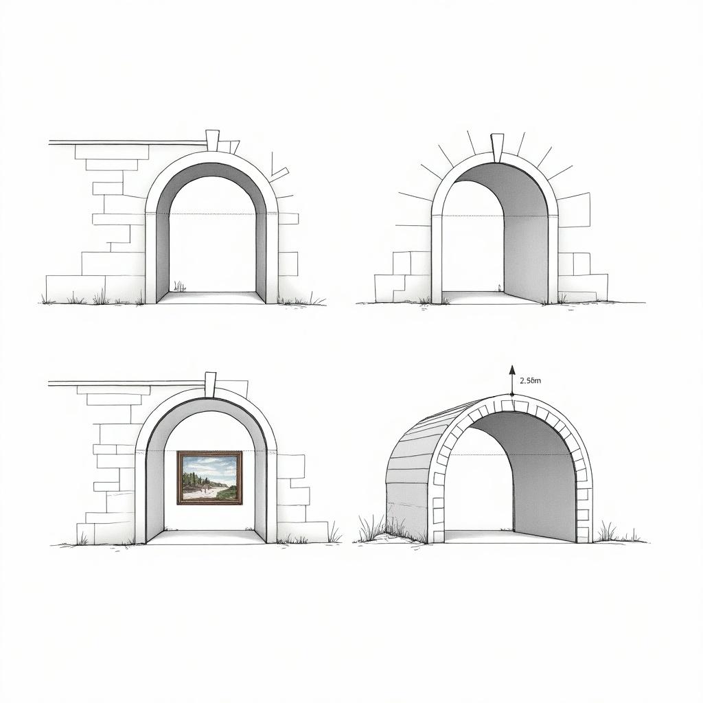 Illustration displays a tunnel with four different arches. First arch measures 2.5m tall. Second arch is 3.5m tall. Third arch slants upward and is 3m tall. Fourth arch resembles a dome and has a painting at the end of the tunnel. All arches share the same width and have gaps between them.