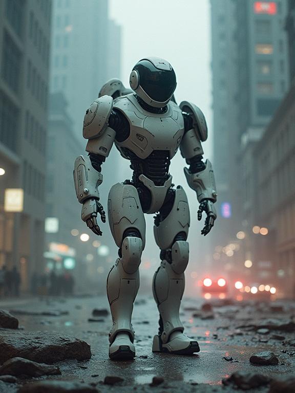 Humanoid robot standing in an urban environment with a futuristic design. The setting is foggy with a cityscape in the background. Robot is in a T-pose. City streets are littered and have a moody atmosphere.