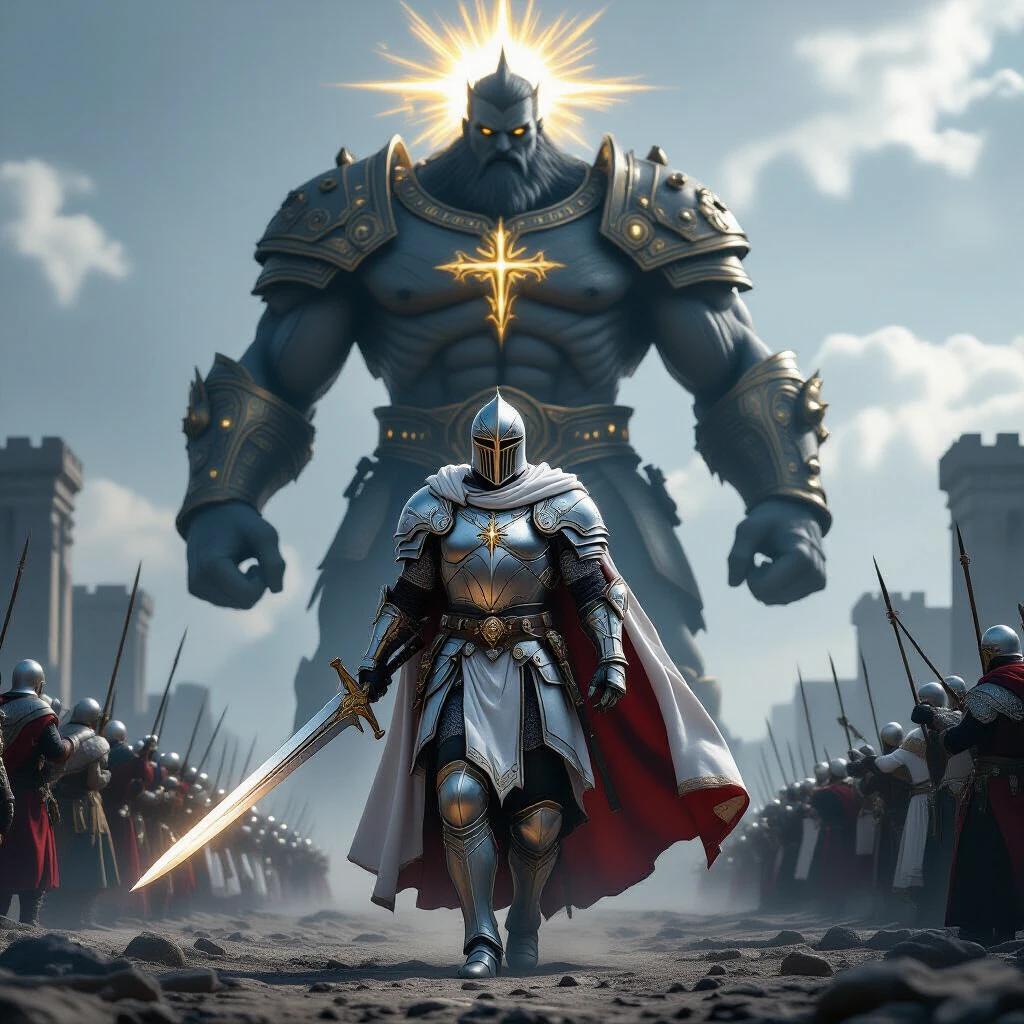Ultra-realistic full-body portrait of a noble Paladin in silver armor with a cape. Paladin strides forward on an ancient battlefield holding a shining sword. Behind him, a colossal figure of Alexander radiates divine energy and power. The image features advanced digital artistry with photorealistic detail and 8k resolution.