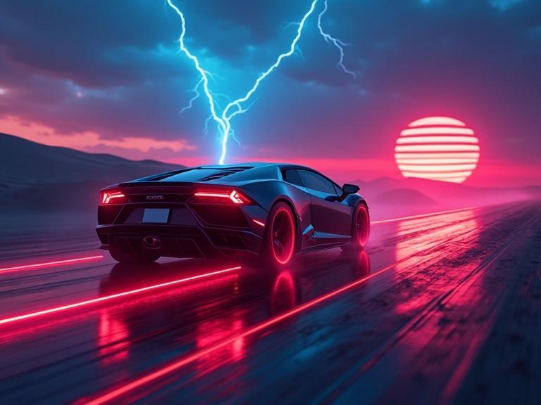 Futuristic Lamborghini in desert at sunset. Car viewed from rear. Bright neon lights and laser rims. Thunderstorm in background. Long laser light trails. Strobe light effects with fog and rain.