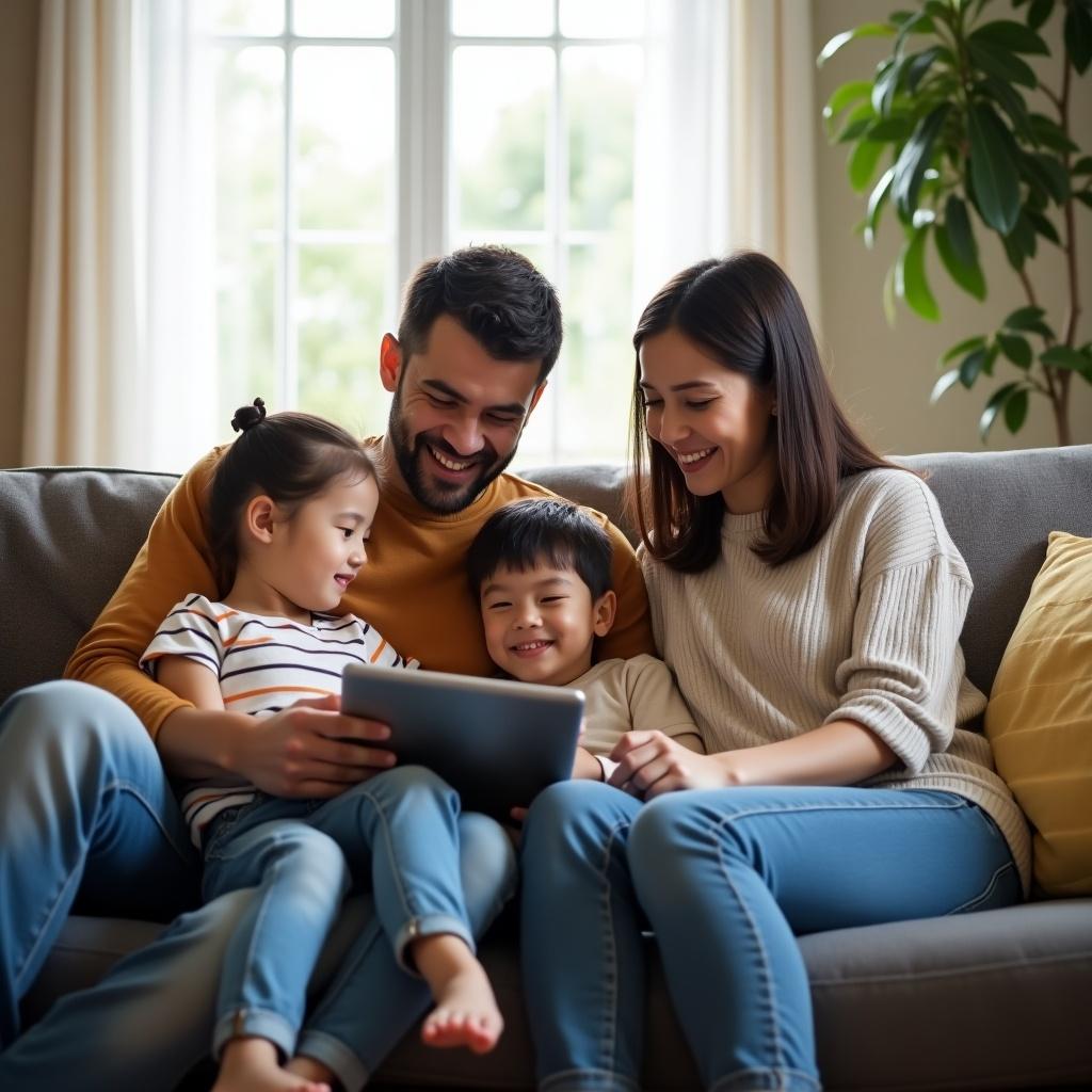 Family sits on couch together. They enjoy using a tablet. The setting is bright with natural light. The scene is cozy and warm. Children engage with parents. Everyone looks happy and relaxed. The focus is on their connection.