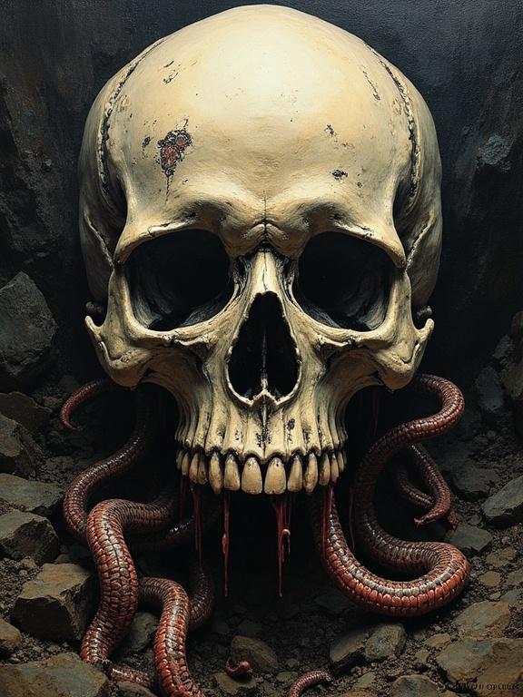 A skull with worms emerging from it. Melancholic theme captured in an oil painting style. Detailed rendering showcasing the skull in high definition. Inspired by the works of Philippe Druillet.