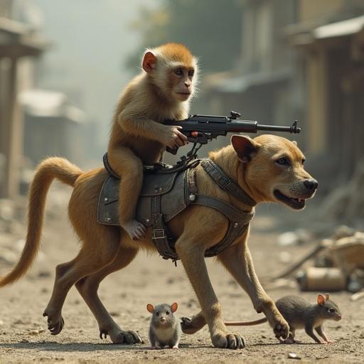 A monkey riding a robot dog in a junkyard. The monkey has a pellet pistol. The scene shows a playful hunt for rats. The environment is gritty and full of debris.