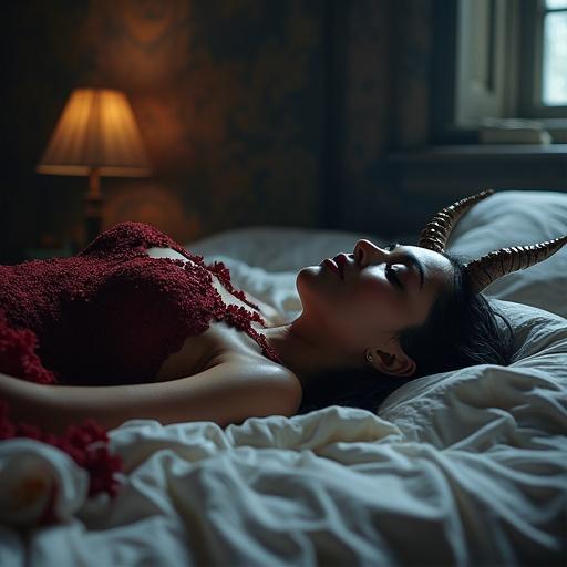 Queen devil character lies on the bed in a soft light. She wears a deep red dress. Horns add a fantasy element. The scene has a moody, artistic feel.