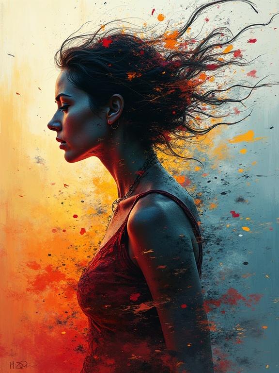 Kinetic rough digital oil painting. Fast motion blurred lines. Extreme perspective of a woman's silhouette. Silhouette shatters into separate colors. Partial illustration with rough brush strokes. Surreal and abstract style.