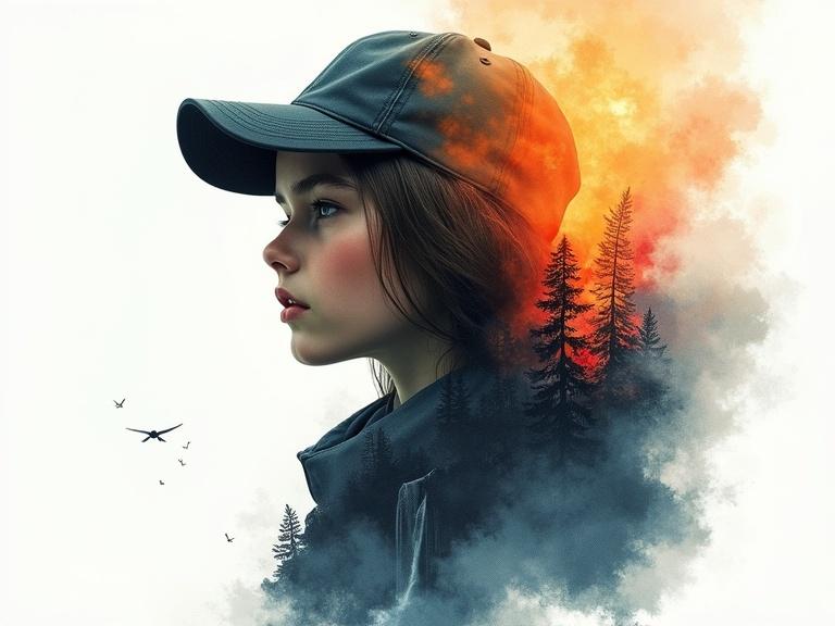 Close-up profile of a teenage girl with a cap. The face artistically blended with a mountain waterfall and lush forest. Apocalyptic landscape with thunderstorm and flames. The atmosphere has red, orange, and yellow hues. Combination of watercolor and ink art styles. Background features clouds and trees in a cinematic and fantasy style.