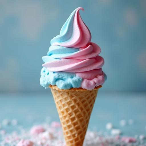 Ice cream in a cone with blue and pink swirls